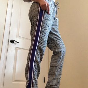 Black and White Plaid Pants With Blue Stripe